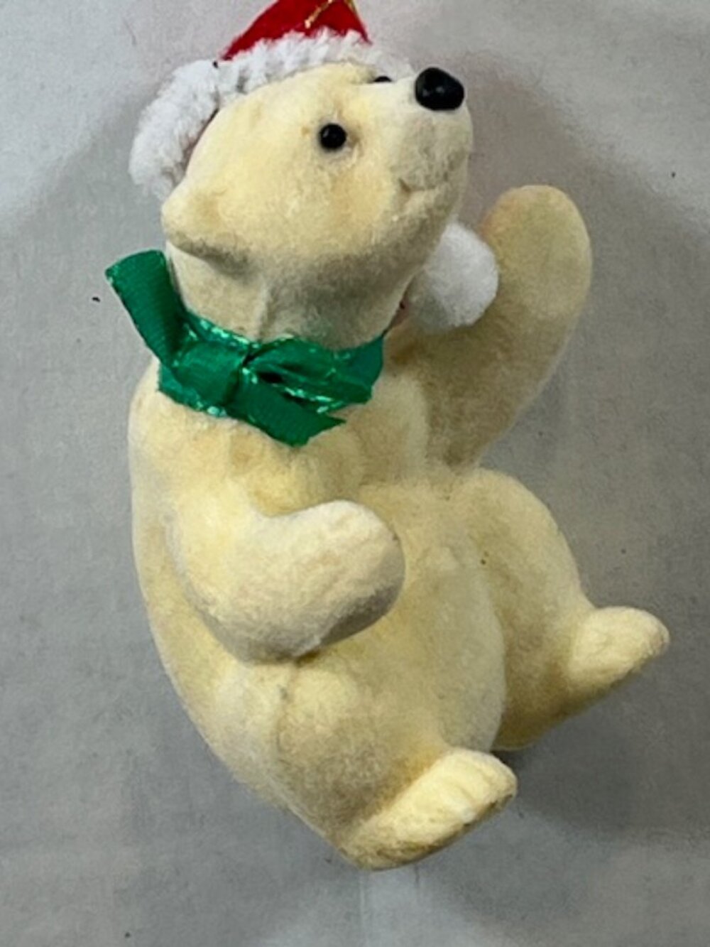 VTG Flocked Plastic Santa Hat Fuzzy Polar Bear Christmas Tree Ornament 2"x3.25"